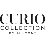 The image shows the text "CURIO COLLECTION BY HILTON" in a dark serif font. logo on footer section.