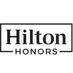 A black and gray Hilton Honors logo framed by a rectangular border. logo on footer section.
