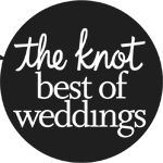 A dark circular badge with pale cursive text reading &ldquo;the best best of wedding&rdquo; arranged in multiple lines inside the circle. logo on footer section.