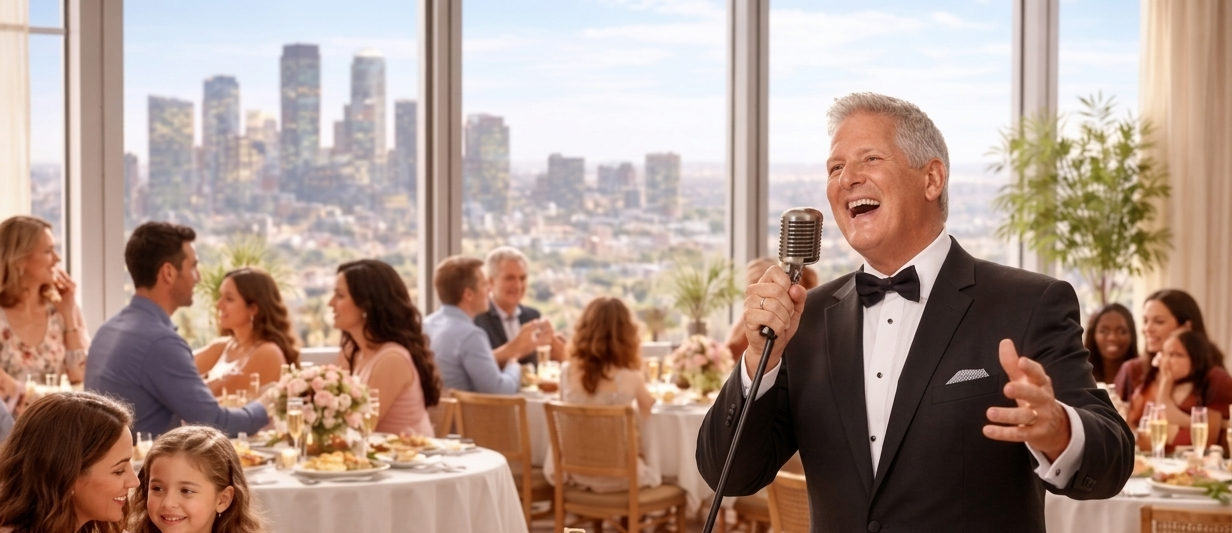 A cheerful man in a tuxedo singing into a microphone at a formal dinner with guests, flowers, and city skyline windows in the background.