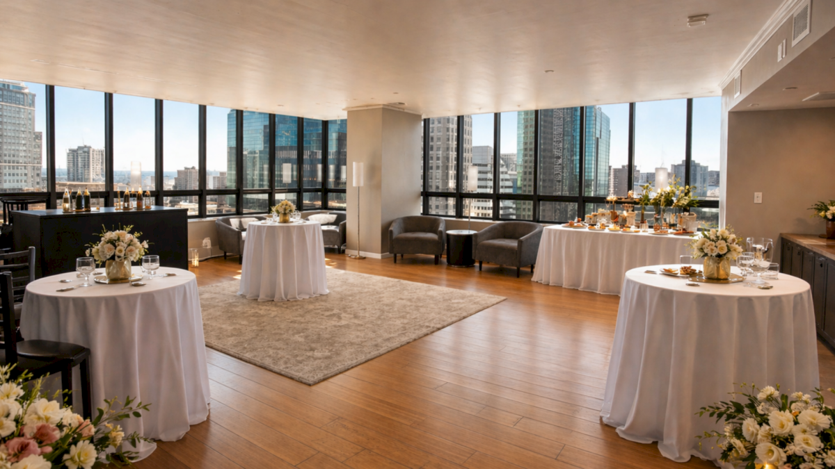A stylish cityscape event space with round tables in white linens, floral centerpieces, and panoramic windows offering skyline views.