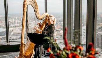 A woman in a flowing dress sits beside a window, with a vase of red flowers nearby, bathed in soft light.